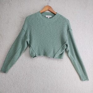 Wild Fable Sweater Womens XS Cropped Ribbed Raw Hem Green Long Sleeve